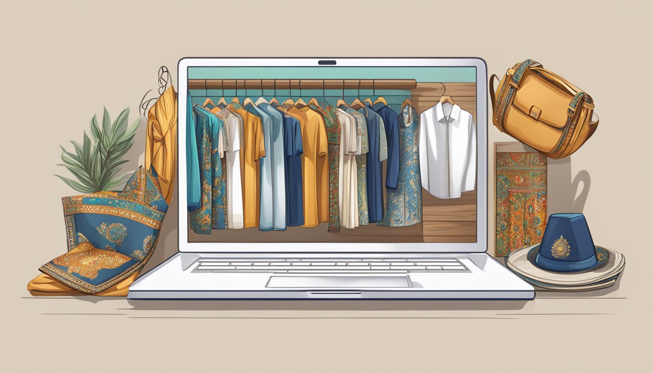 A laptop with a Turkish clothing website open, showing various traditional garments and accessories available for purchase