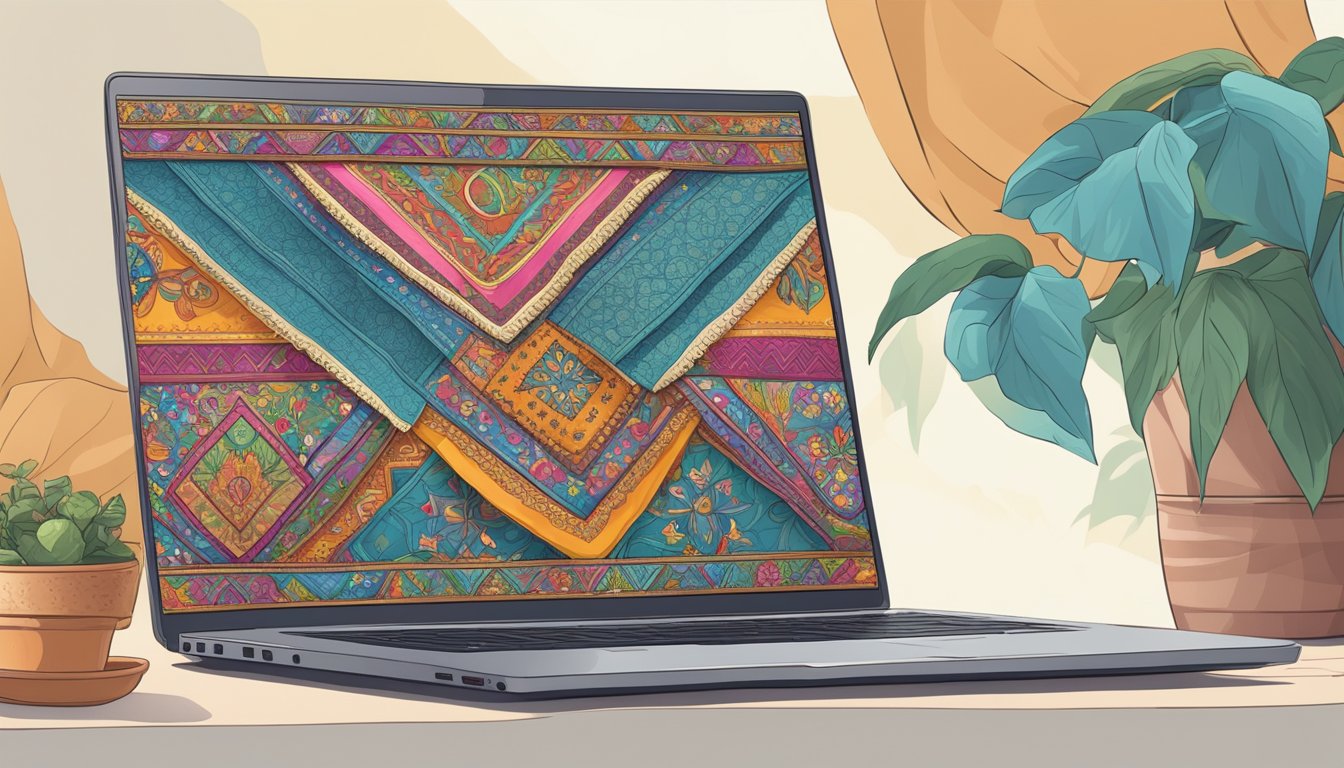 A laptop displaying a variety of colorful and intricate Turkish clothing designs, with a cursor clicking on the "buy now" button