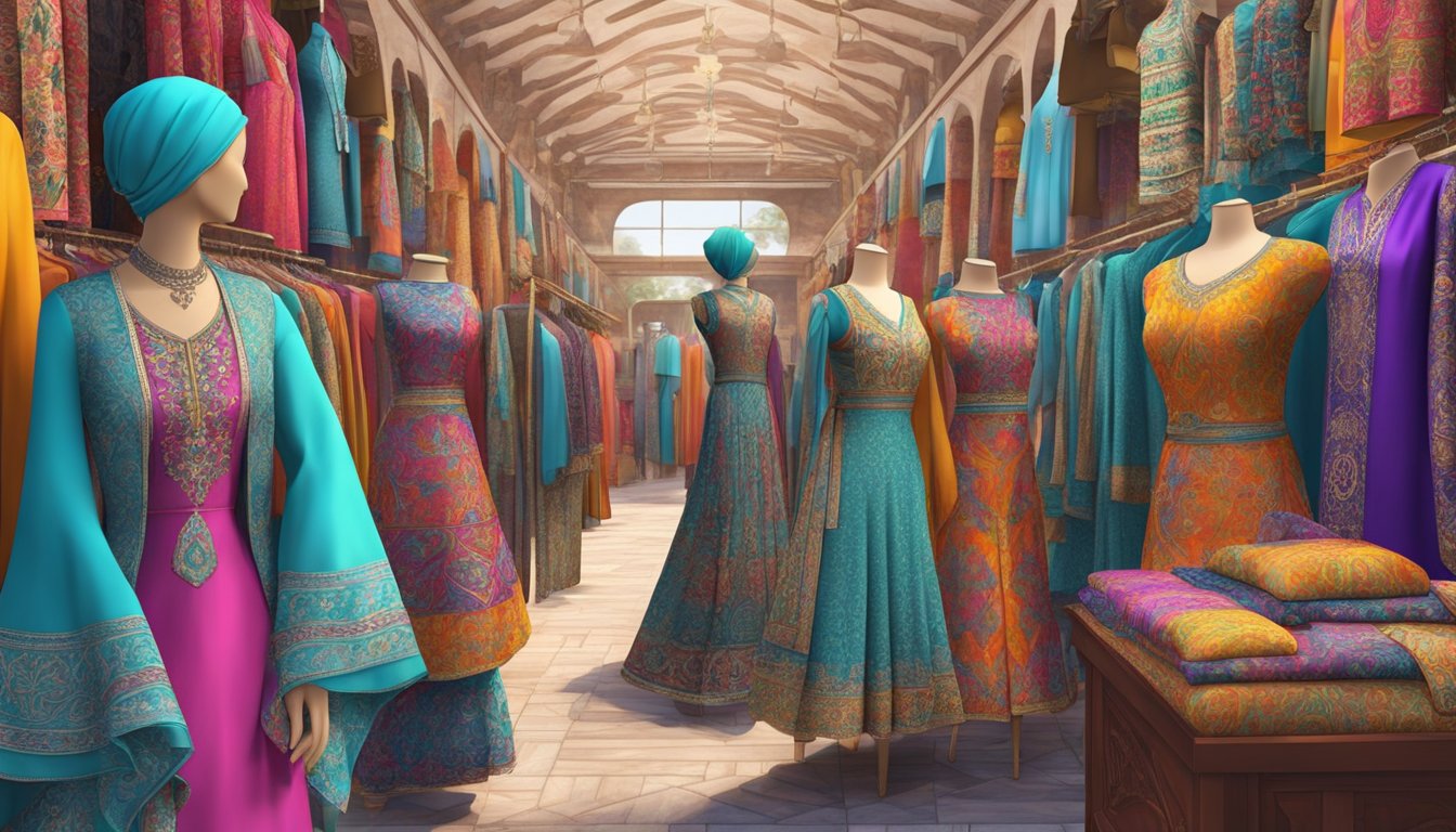 A vibrant marketplace with colorful Turkish clothing displayed on mannequins and racks, with intricate patterns and luxurious fabrics