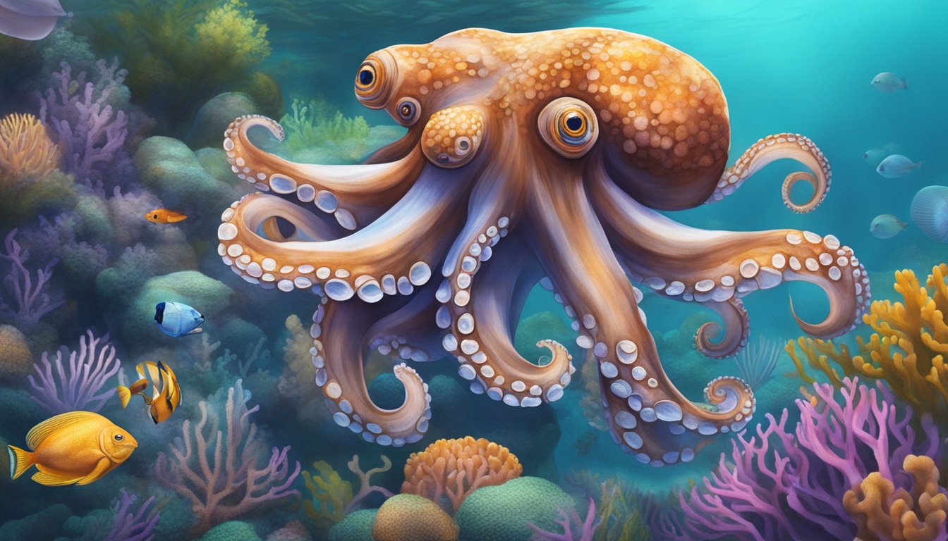 An octopus swims gracefully through the clear waters of Singapore, surrounded by colorful coral and exotic fish
