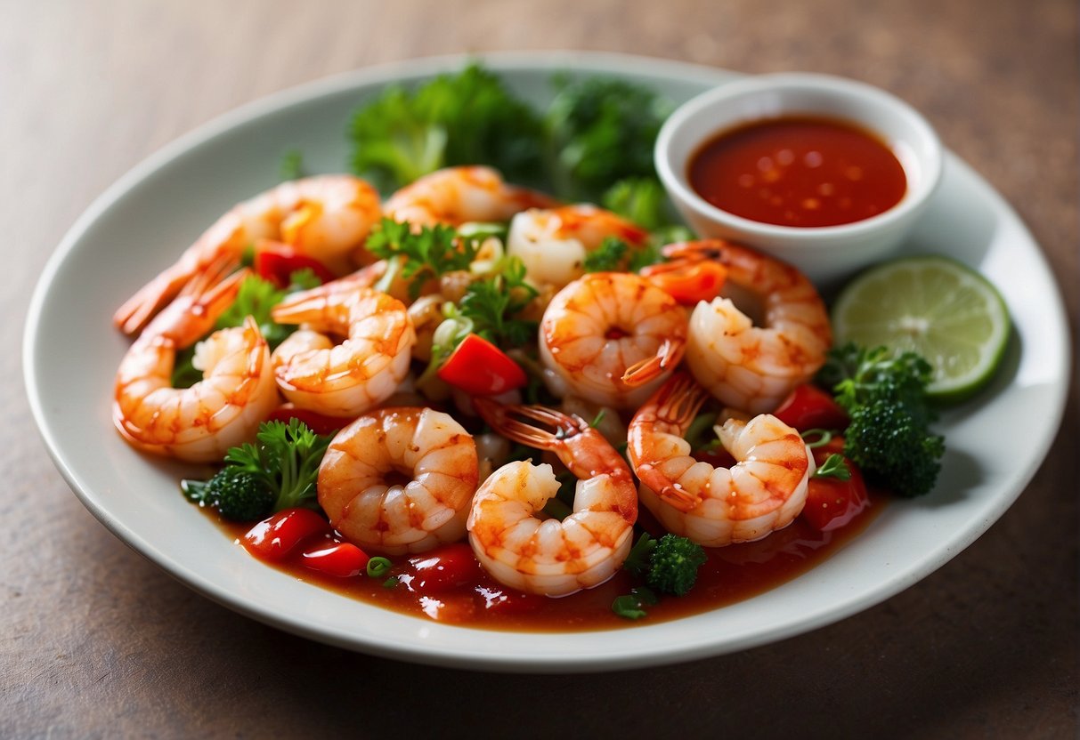 A plate of sizzling shrimp stir-fried with vibrant red ketchup sauce, surrounded by colorful Chinese ingredients