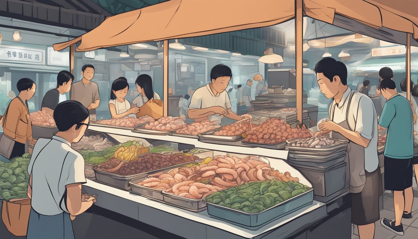 A bustling Singapore market stall displays fresh octopus for sale. Customers browse the selection, while a vendor arranges the seafood on ice