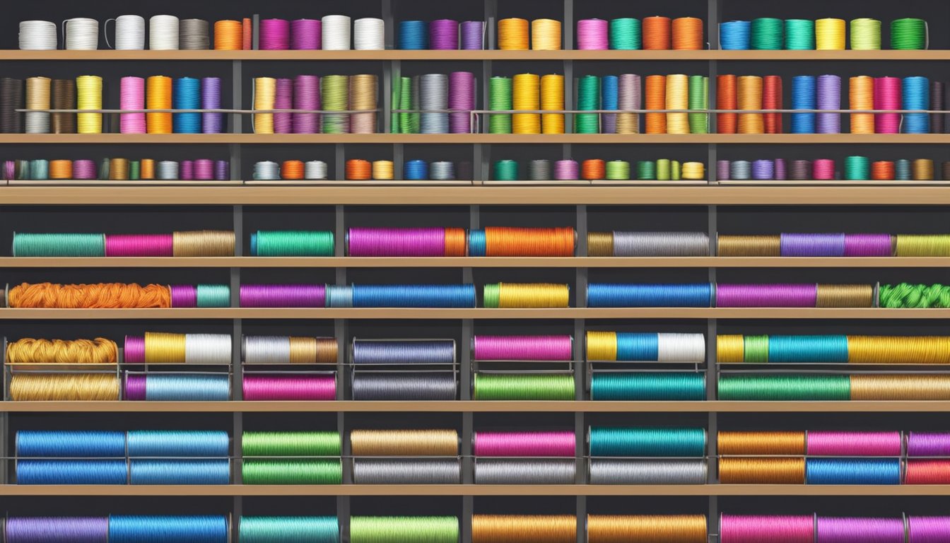 Colorful paracord spools displayed on shelves with price tags. Customers browsing and making purchases. Online orders being packed for shipment