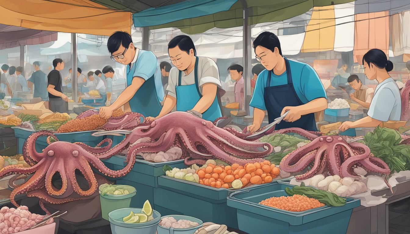 Octopus being cleaned and sliced in a bustling Singapore market, with vendors and customers in the background