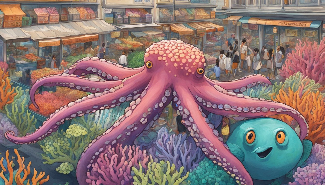 An octopus swimming among colorful coral in a bustling Singapore market, with curious onlookers pointing and asking where to buy