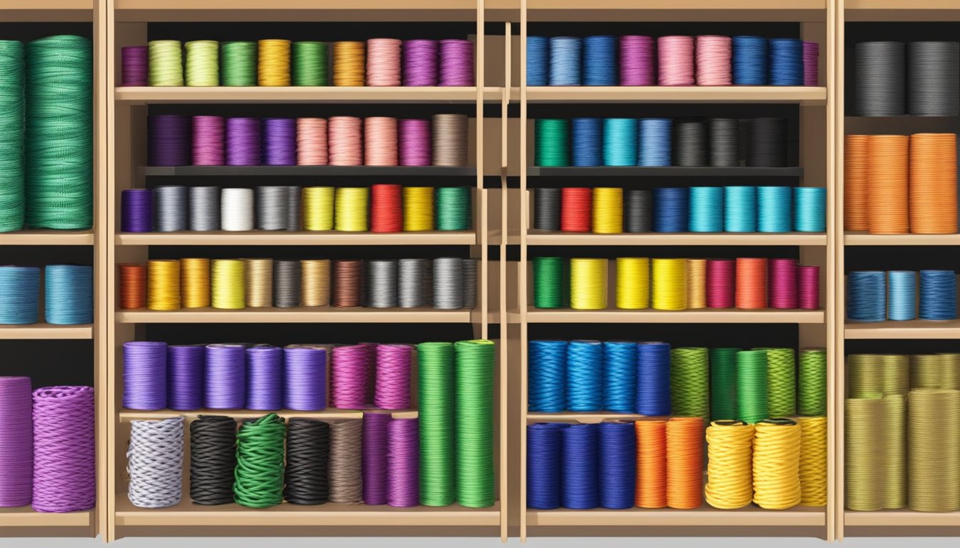 A display of paracord spools on shelves with a sign "Where to buy paracord in Singapore" above