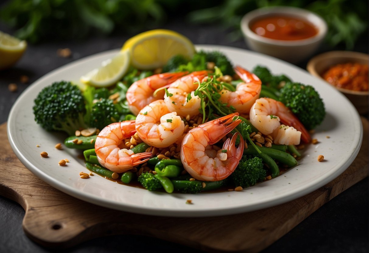 A plate of shrimp in a rich, red ketchup-based sauce, surrounded by vibrant green vegetables and aromatic spices