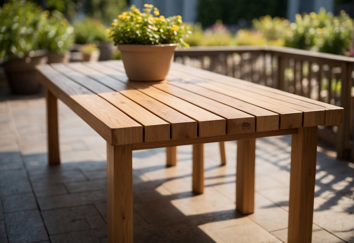 A sturdy oak table sits on a patio, enduring the elements. A sign nearby lists the benefits of using durable, weather-resistant wood for outdoor furniture