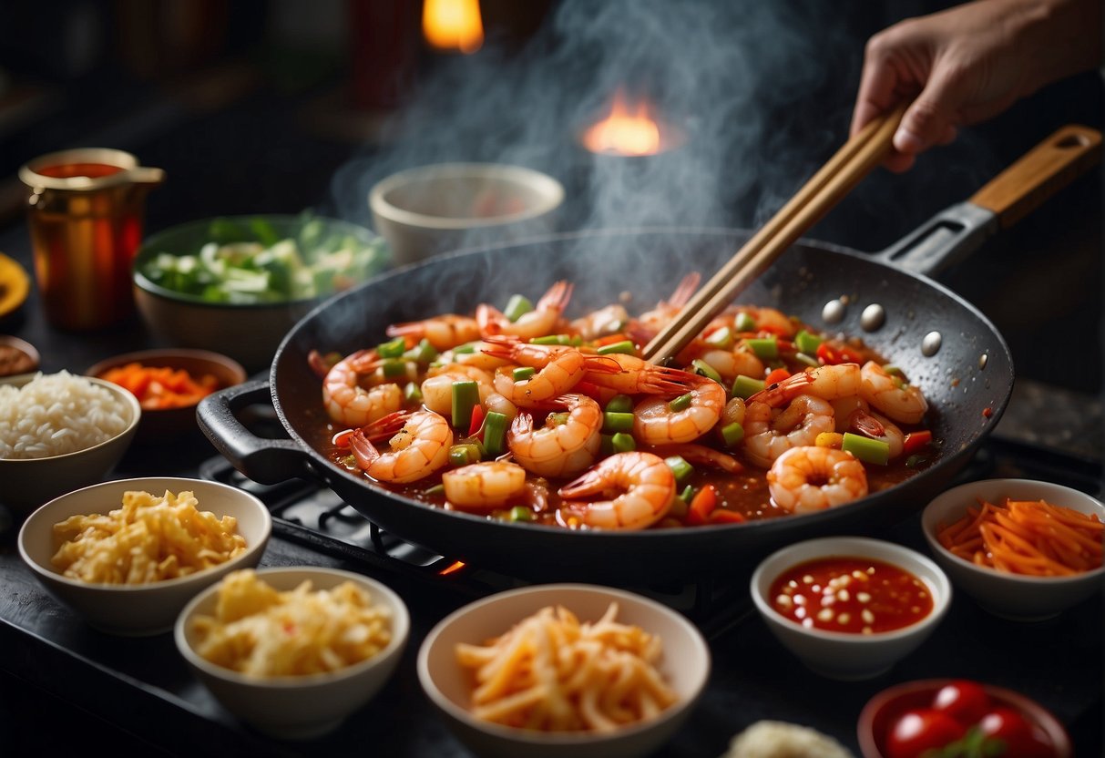 Sizzling shrimp stir-frying in a wok with vibrant red ketchup sauce, surrounded by traditional Chinese cooking ingredients