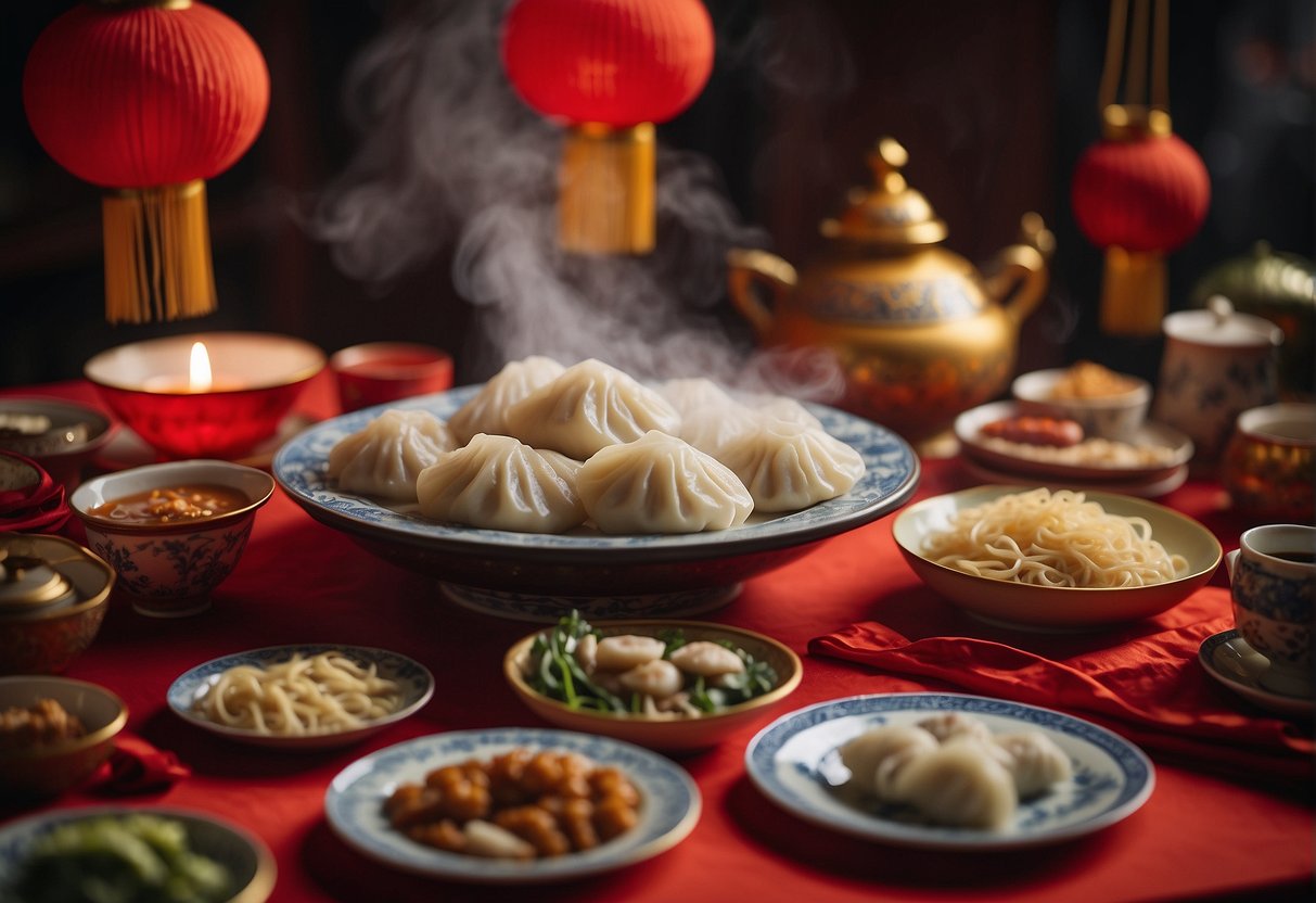 A table adorned with steaming dishes of traditional Chinese New Year reunion recipes, including dumplings, fish, and longevity noodles. Red lanterns and auspicious decorations add to the festive atmosphere