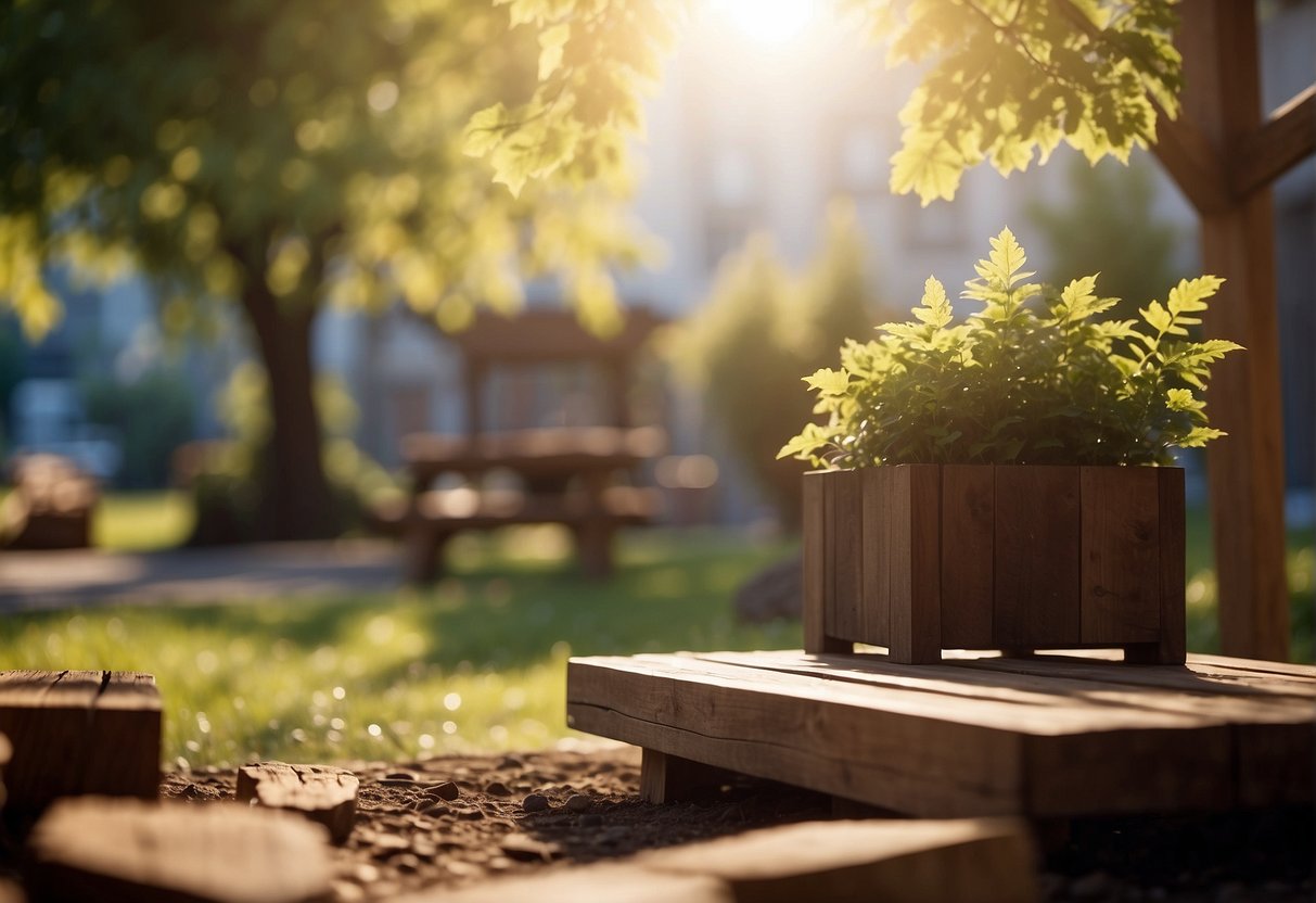 The scene depicts a sunny outdoor environment with various types of wood exposed to the elements, showcasing their performance in the local climate