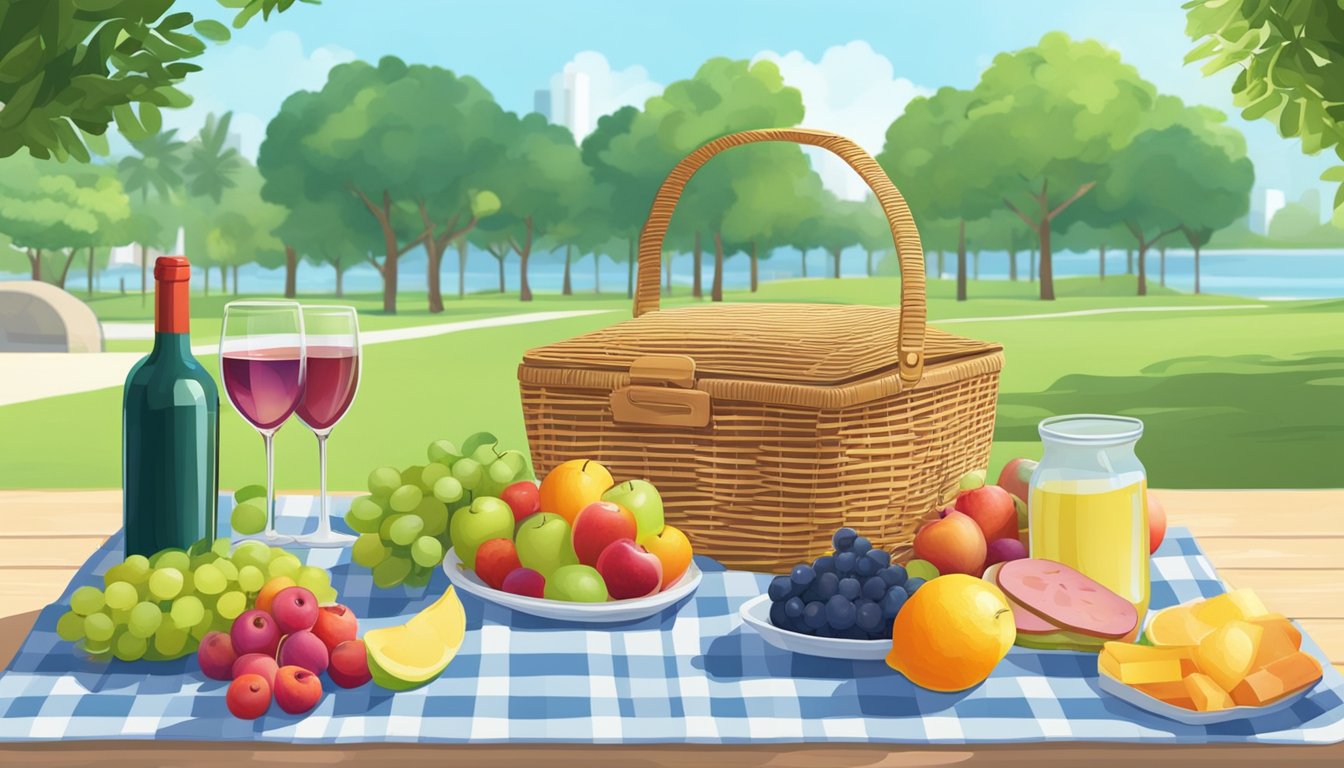 A sunny park in Singapore, with lush greenery and a clear blue sky. A picnic basket sits on a checkered blanket, surrounded by fresh fruits, sandwiches, and a bottle of wine