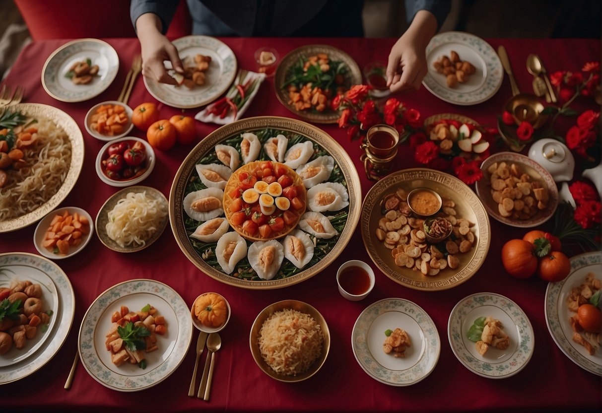 A table set with traditional Chinese New Year dishes, surrounded by family members laughing and sharing stories. Red decorations adorn the room, symbolizing luck and prosperity