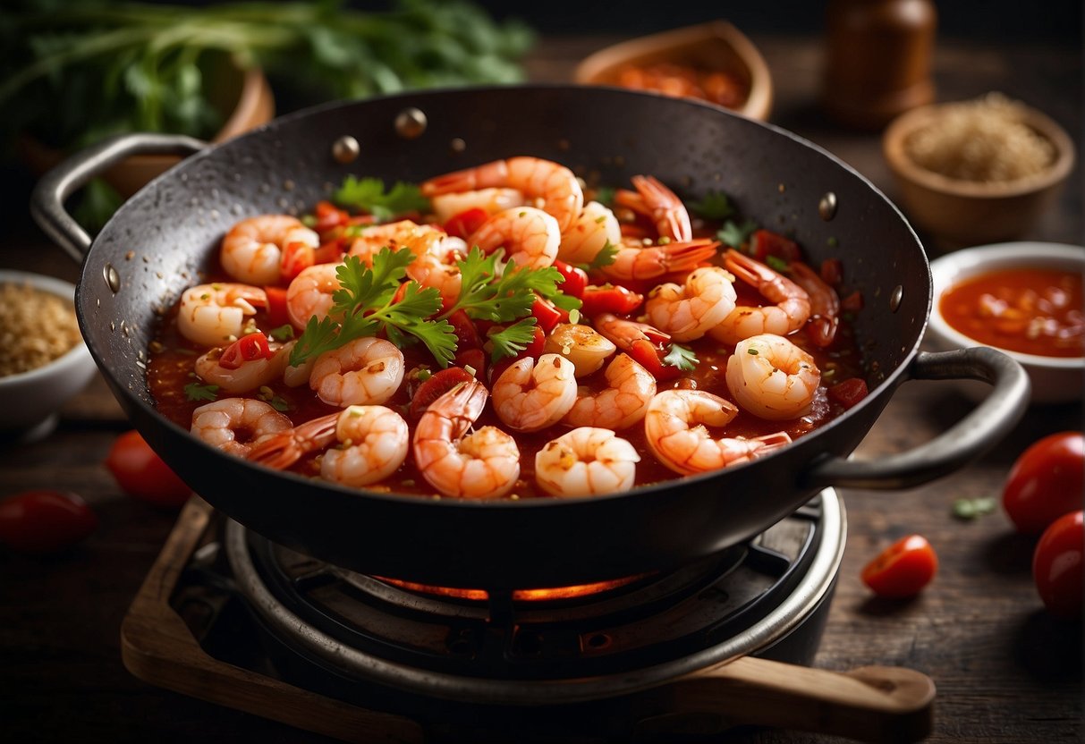 Shrimp and ketchup in a sizzling wok with Chinese spices