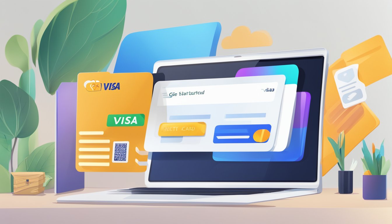 A computer screen displaying a virtual Visa card with a "Get Started" button. An open web browser and a credit card are nearby