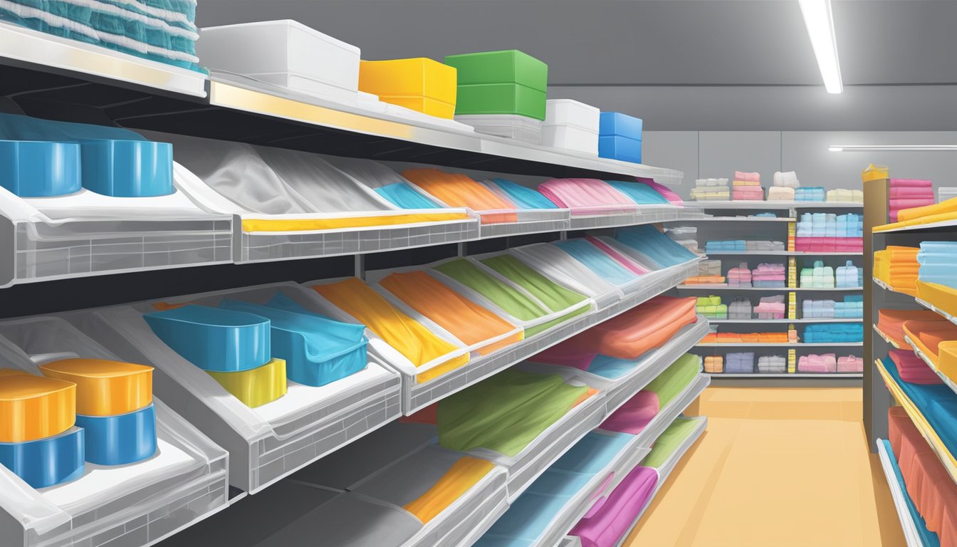 A hardware store shelf displays plastic drop cloths in Singapore. Bright packaging and various sizes are visible