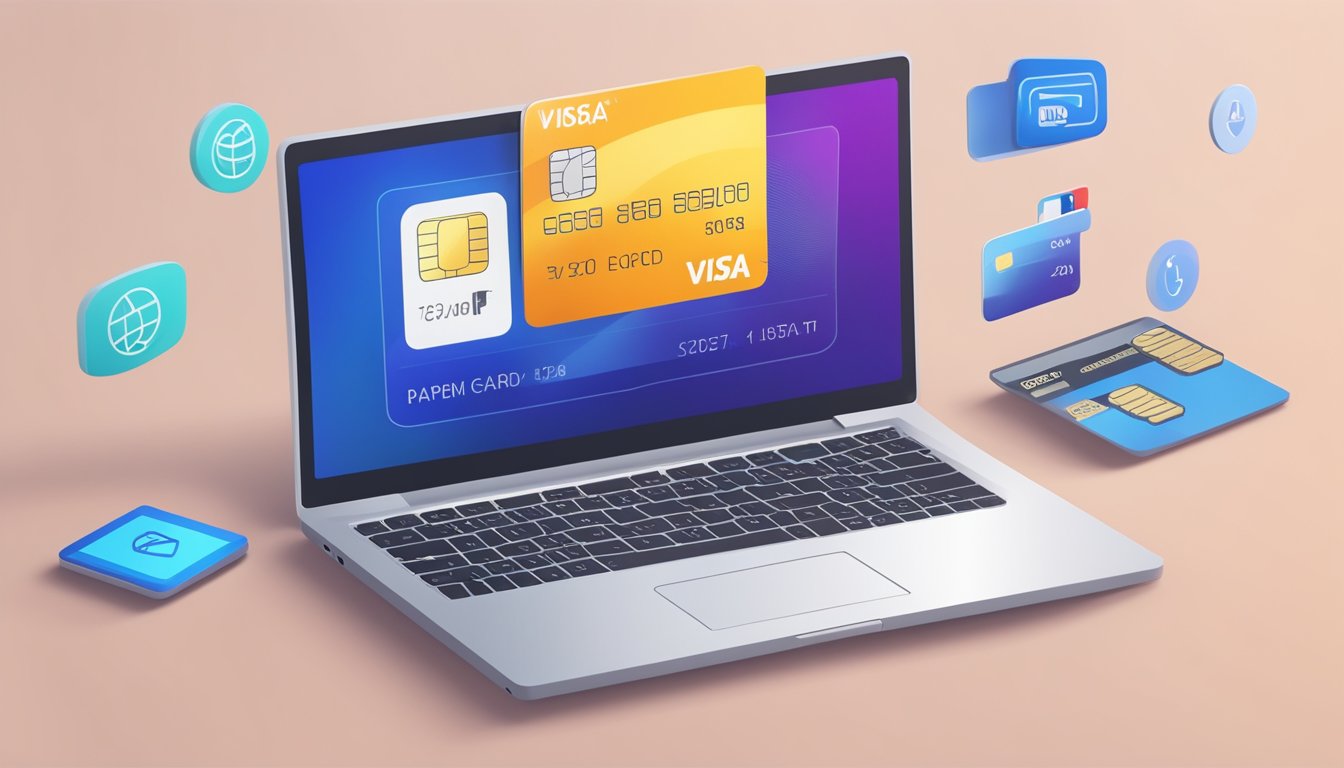 A laptop with a virtual Visa card displayed on the screen, surrounded by digital payment icons and a seamless online shopping experience