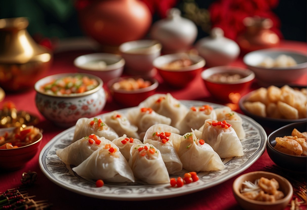 A table set with traditional Chinese New Year dishes, including dumplings, spring rolls, fish, and rice cakes, surrounded by red decorations and lanterns