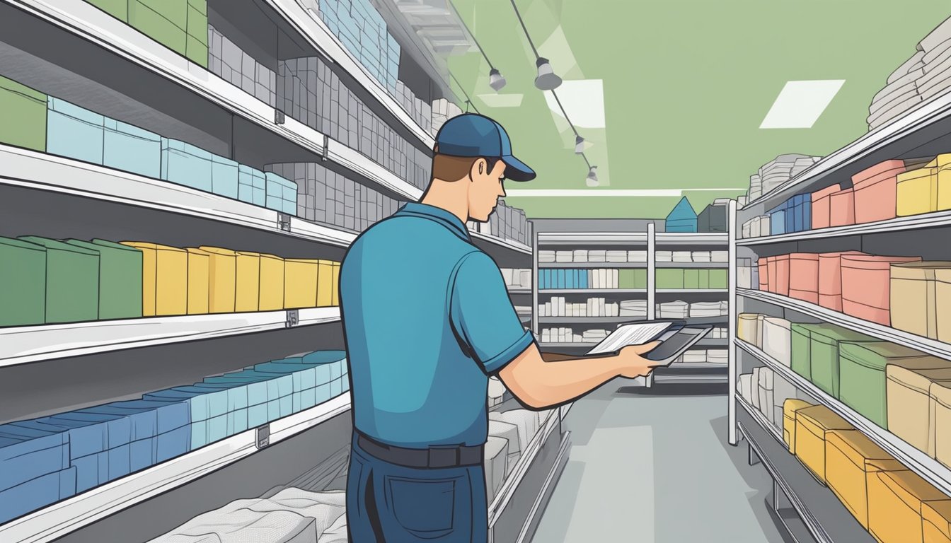 A customer examines plastic drop cloths in a hardware store, comparing sizes and prices. Shelves are neatly stocked with various options