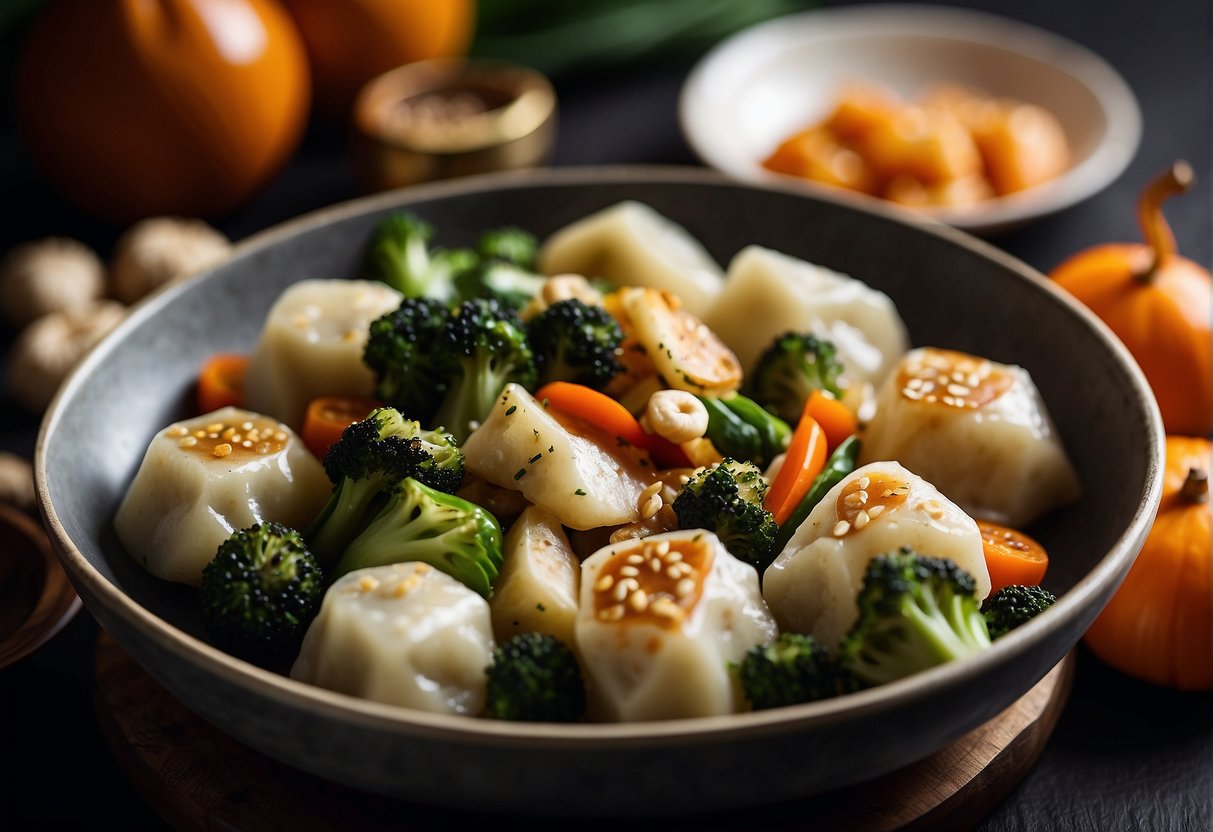 A colorful spread of vegetarian and healthful Chinese New Year reunion recipes, including stir-fried vegetables, steamed dumplings, and tofu dishes