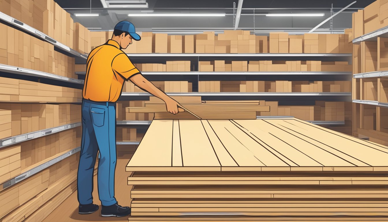 A customer points to a stack of plywood sheets at a hardware store in Singapore, while a worker measures and cuts the wood to size