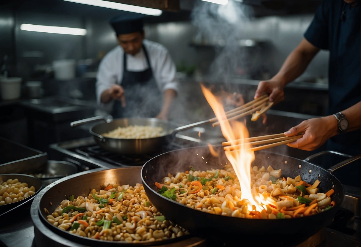 A wok sizzles as a chef stir-fries silver fish with ginger, garlic, and soy sauce in a bustling Chinese kitchen