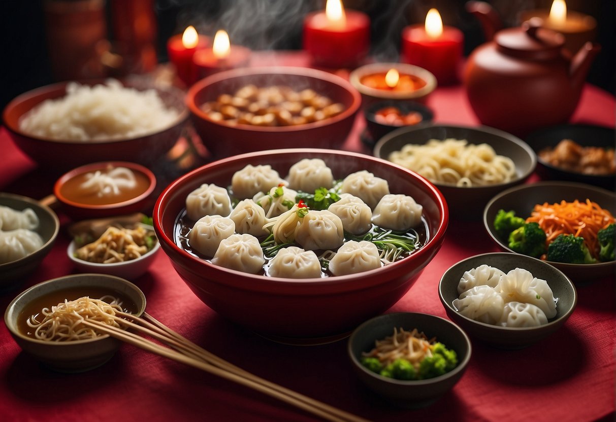 A table set with steaming bowls of noodles and dumplings, surrounded by festive red decorations for a Chinese New Year reunion feast