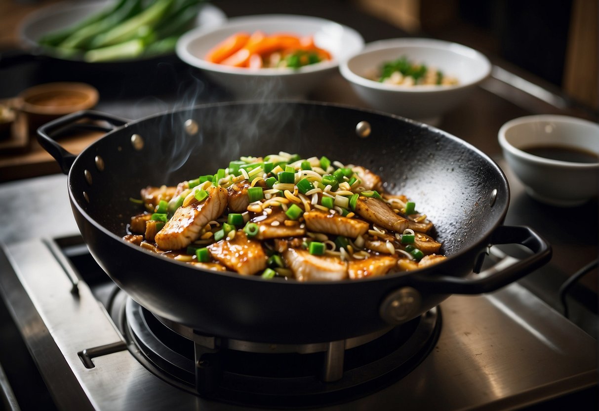 A wok sizzles with stir-fried silver fish, ginger, and garlic. Soy sauce, sesame oil, and green onions add flavor