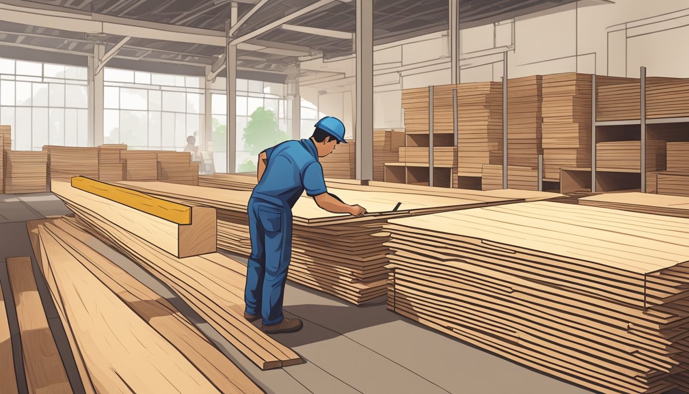A customer selects plywood at a lumberyard in Singapore. An employee cuts the wood to size and packages it for the customer's purchase