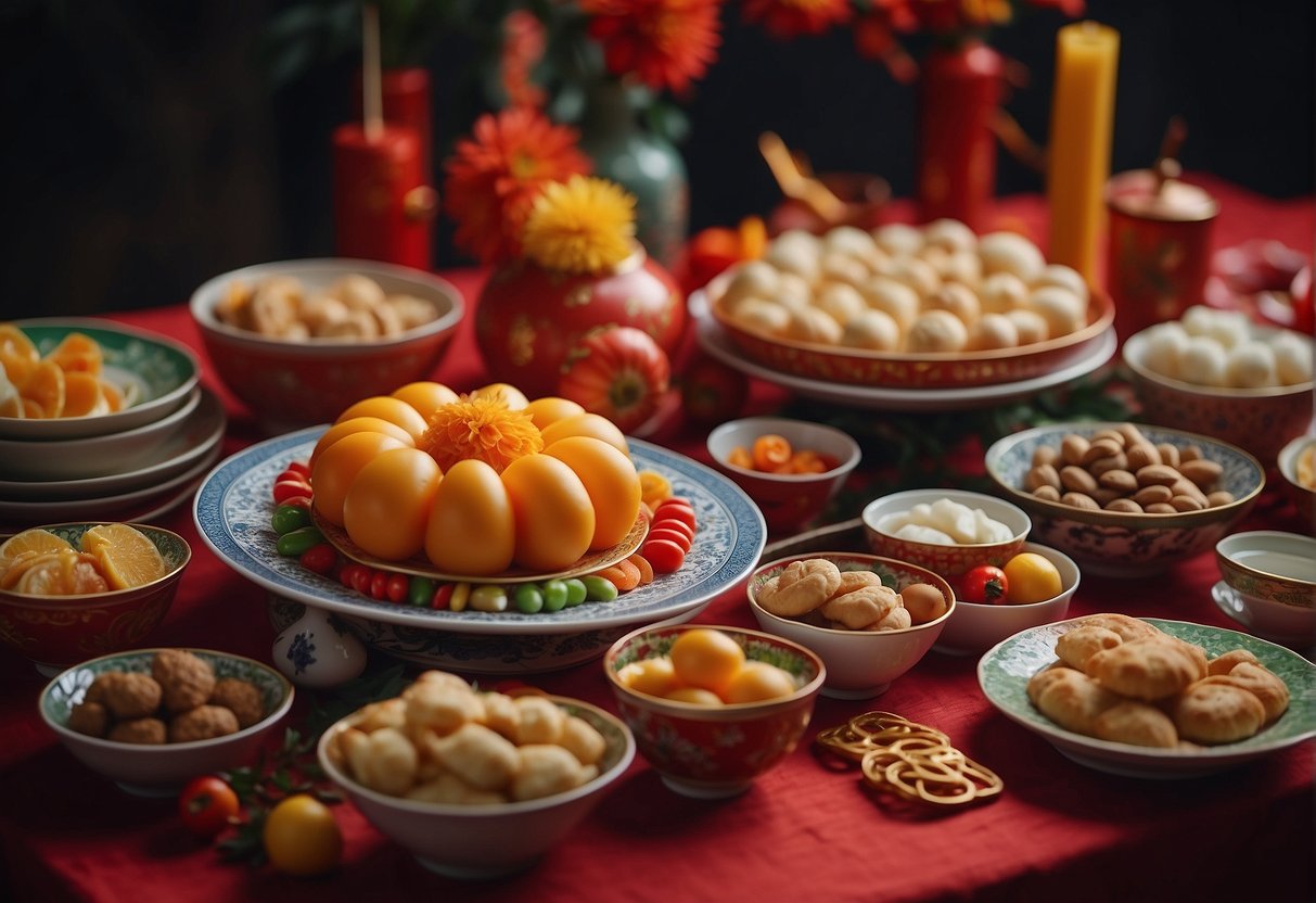 A table adorned with colorful dishes and festive treats for a Chinese New Year reunion, showcasing traditional recipes and sweet endings