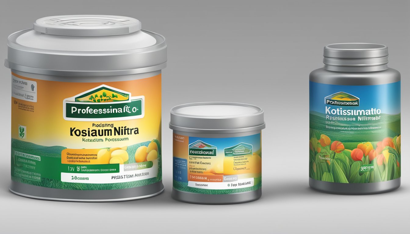 Potassium nitrate displayed with packaging and label. Applications shown in agricultural and industrial settings. Buy online button visible