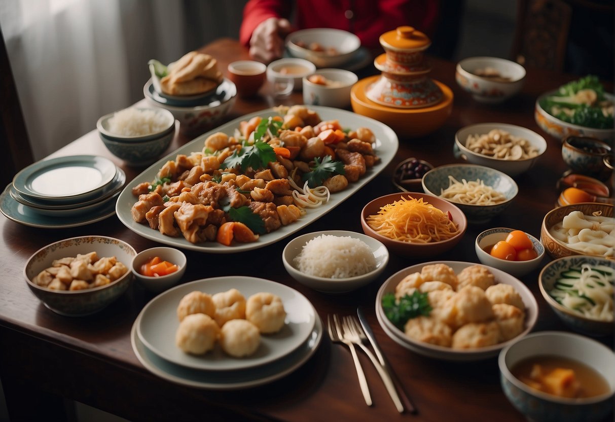 A table set with traditional Chinese New Year dishes, surrounded by family members asking questions about the recipes