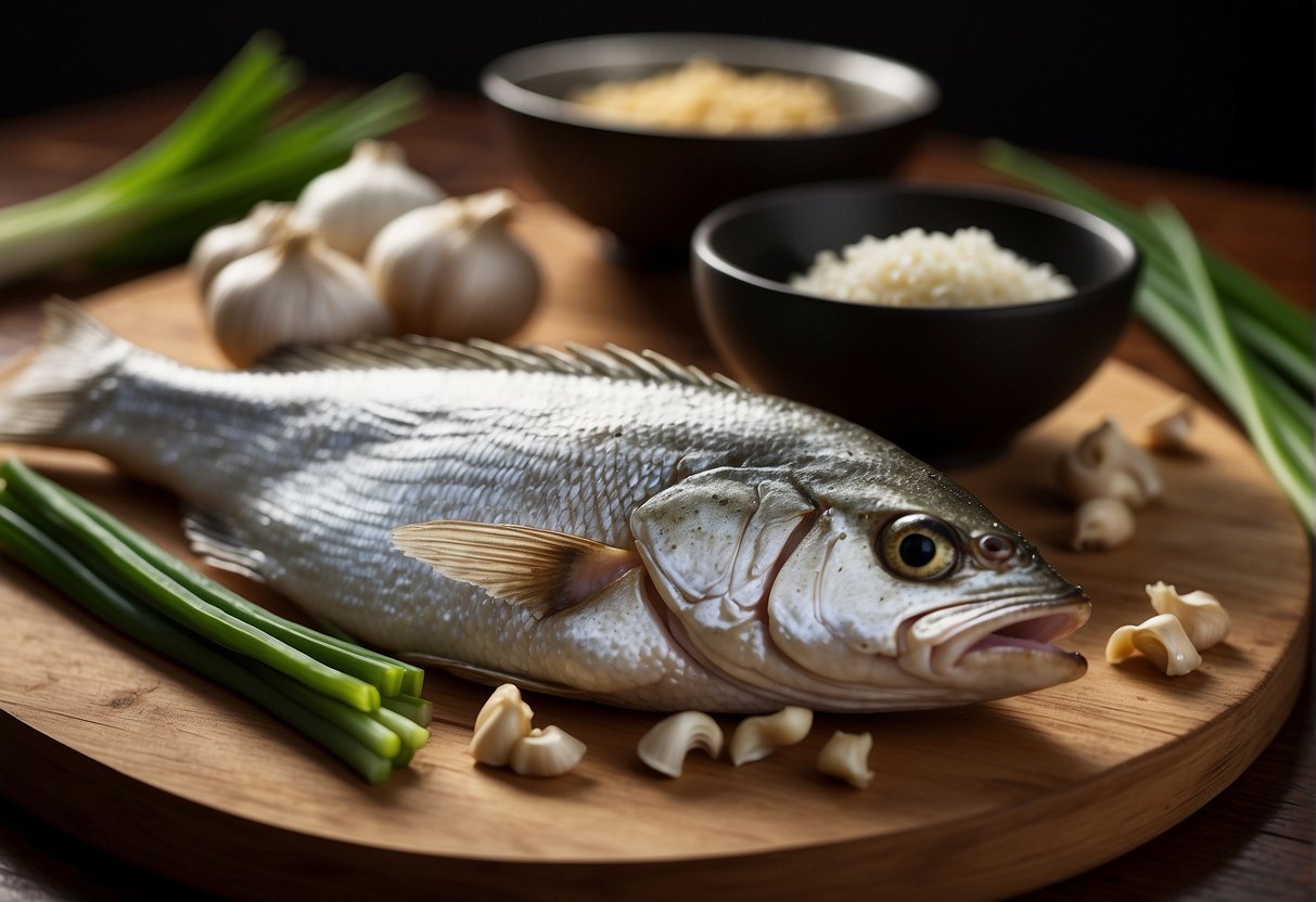 Ingredients arranged on a wooden cutting board: silver fish, soy sauce, ginger, garlic, and green onions. A wok heats on a gas stove