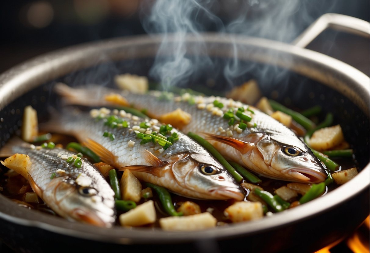 Silver fish sizzle in a hot wok with ginger, garlic, and soy sauce. The steam rises as the ingredients are tossed and mixed together