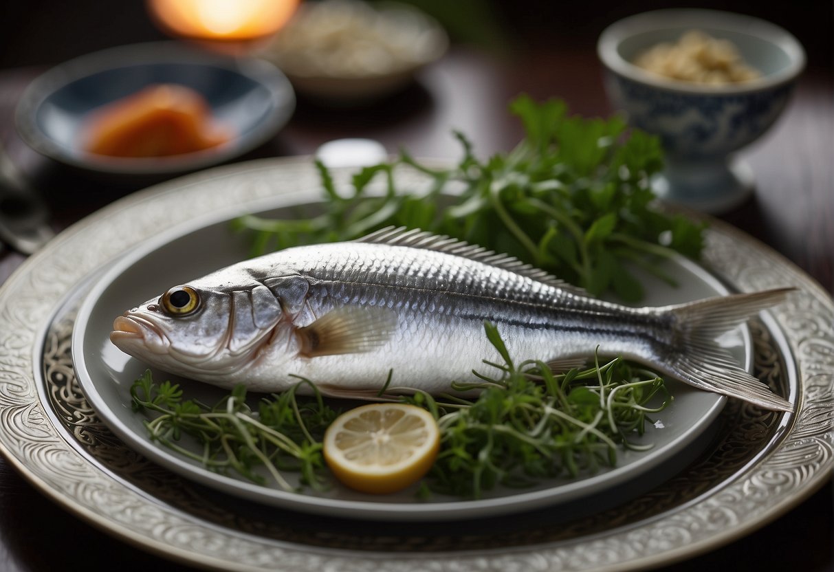 A silver fish dish is elegantly presented on a Chinese-style platter, garnished with fresh herbs and surrounded by decorative serving utensils