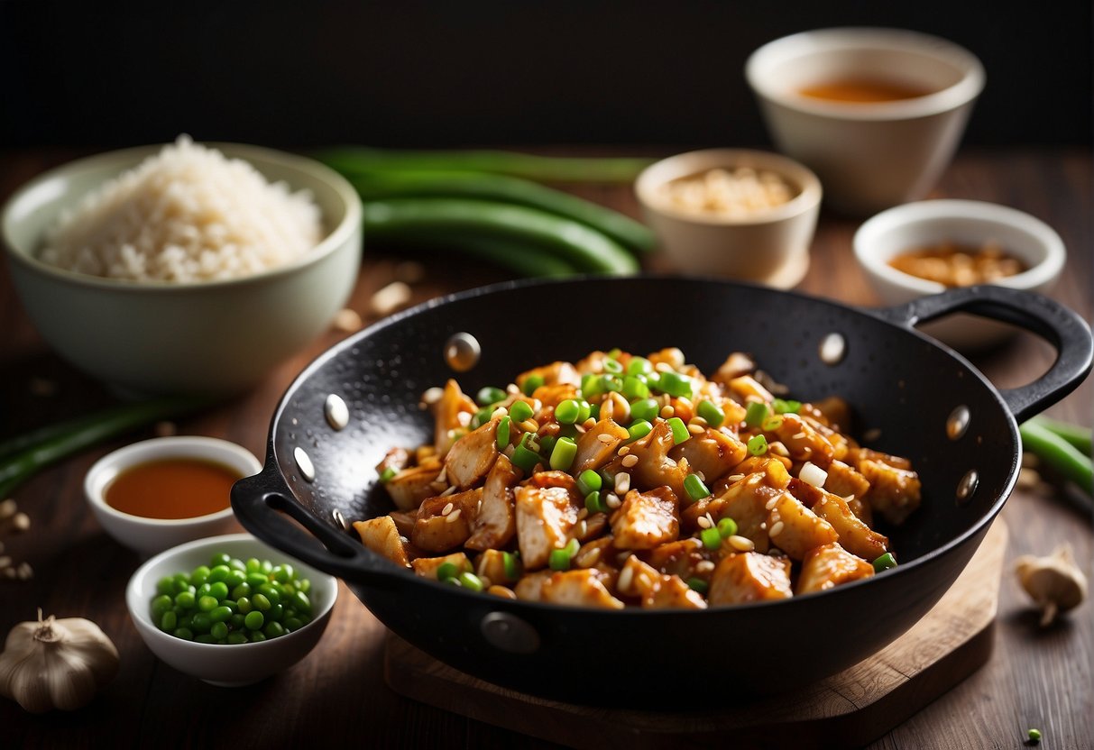 A wok sizzles with diced chicken, stir-frying in a fragrant blend of ginger, garlic, and soy sauce. Green onions and sesame seeds garnish the dish