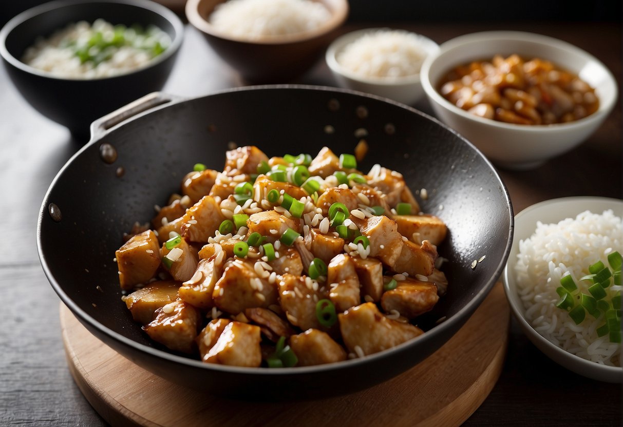 A wok sizzles with chicken, ginger, garlic, and soy sauce. Bowls of green onions, sesame oil, and rice vinegar sit nearby