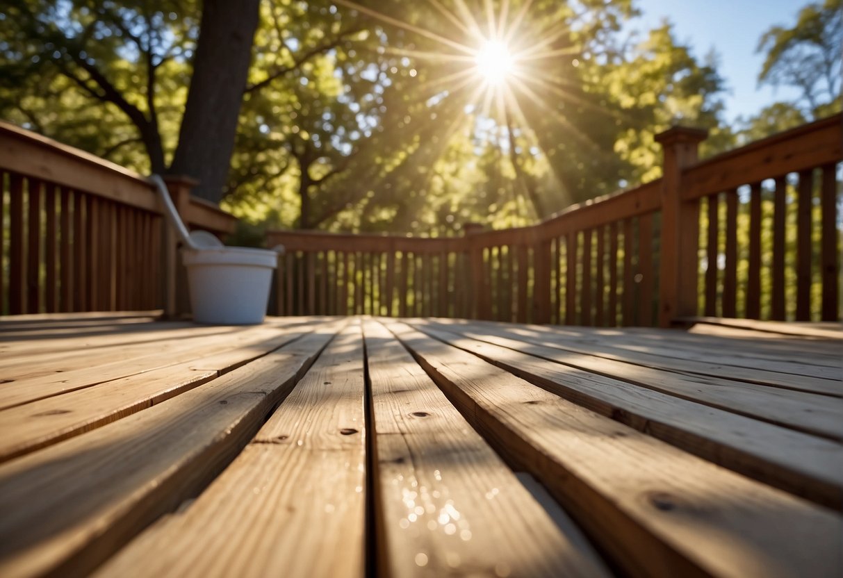 A wooden deck being painted with weather-resistant outdoor paint in a natural setting with trees and sunlight