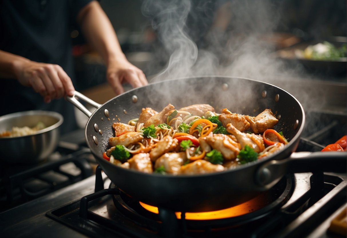 A wok sizzles as chicken is stir-fried with ginger, garlic, and soy sauce. Steam rises from the pan as the chef tosses the ingredients with precision