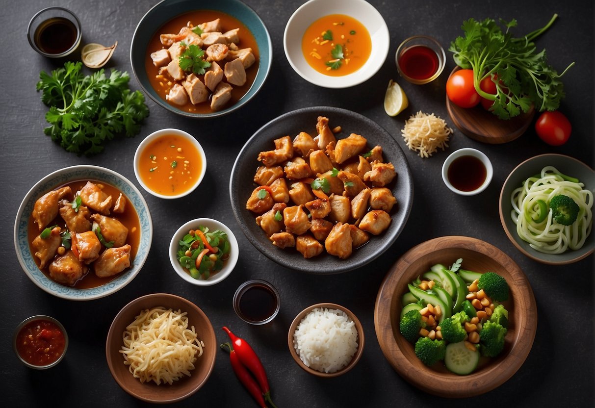 A table spread with popular Chinese chicken dishes, including simple chicken recipes cooked in Chinese style