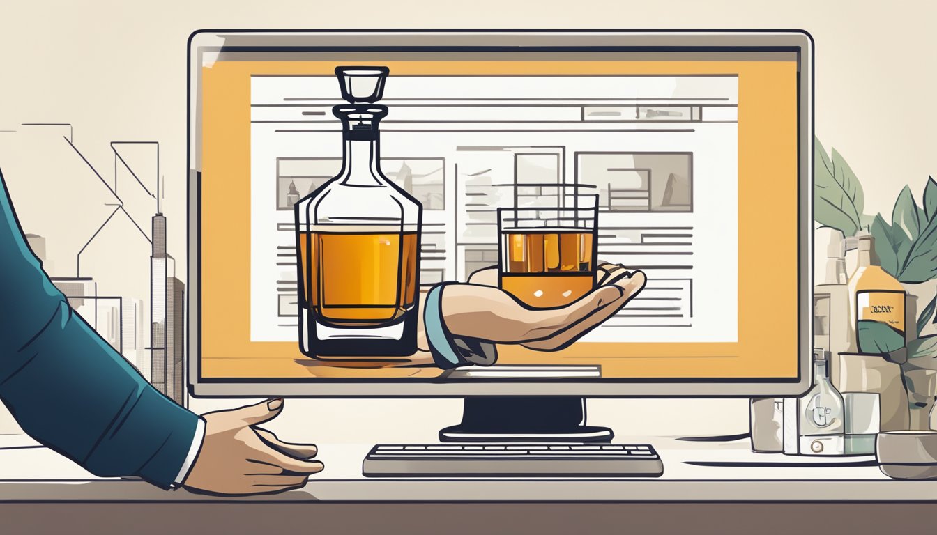 A hand reaches for a whisky decanter on a computer screen. The website's logo and a "buy now" button are visible