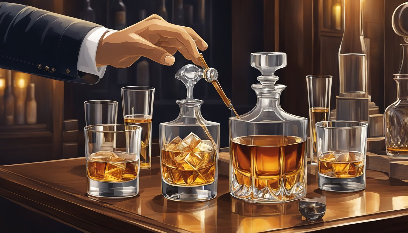 A hand reaches for a whisky decanter on a polished wooden bar, surrounded by various bottles and glasses. The decanter is sleek and elegant, catching the light and showcasing the rich amber color of the whisky within