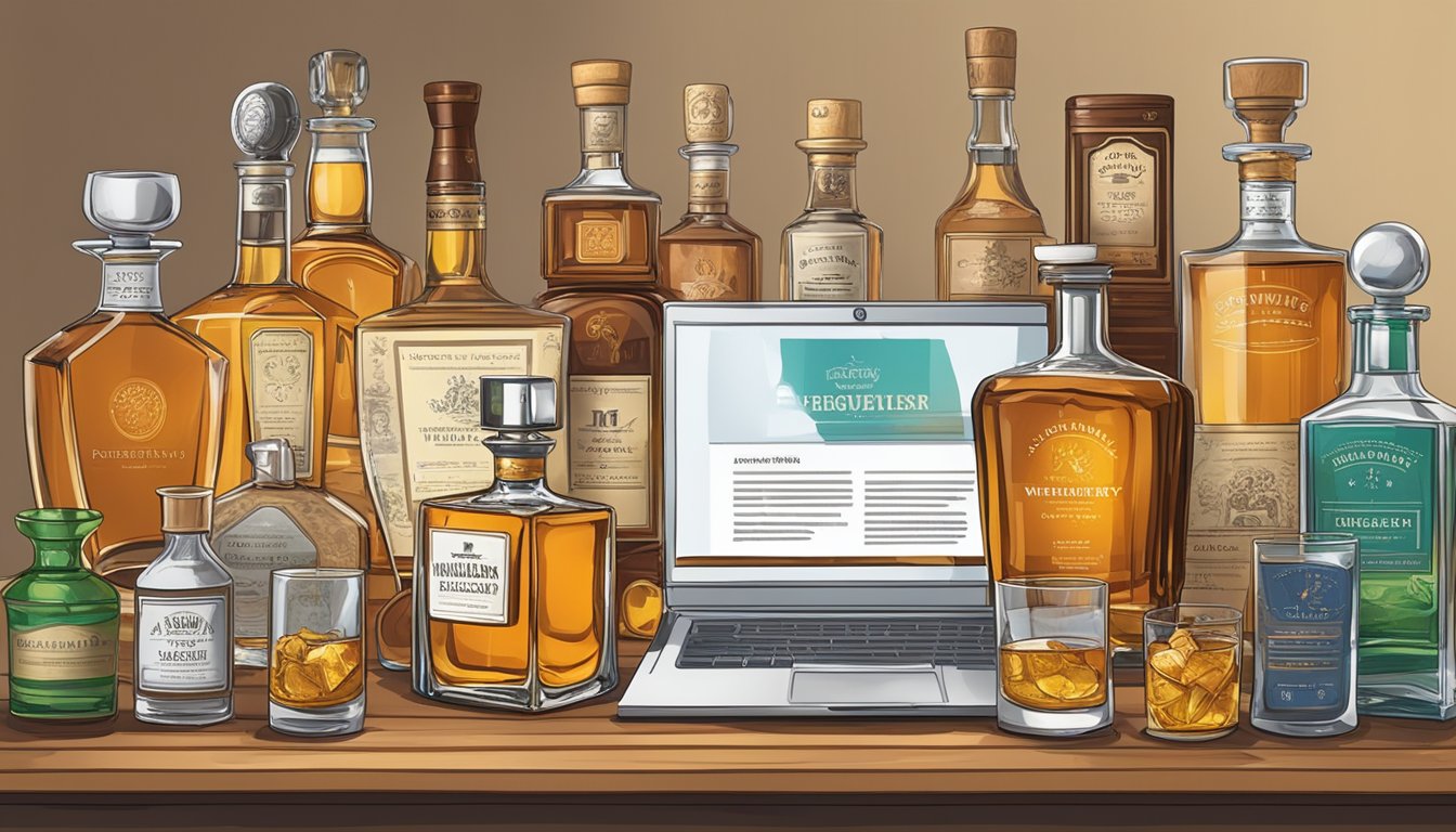 A computer screen displaying a webpage with the title "Frequently Asked Questions buy whisky decanter online" surrounded by whisky decanter images and a search bar