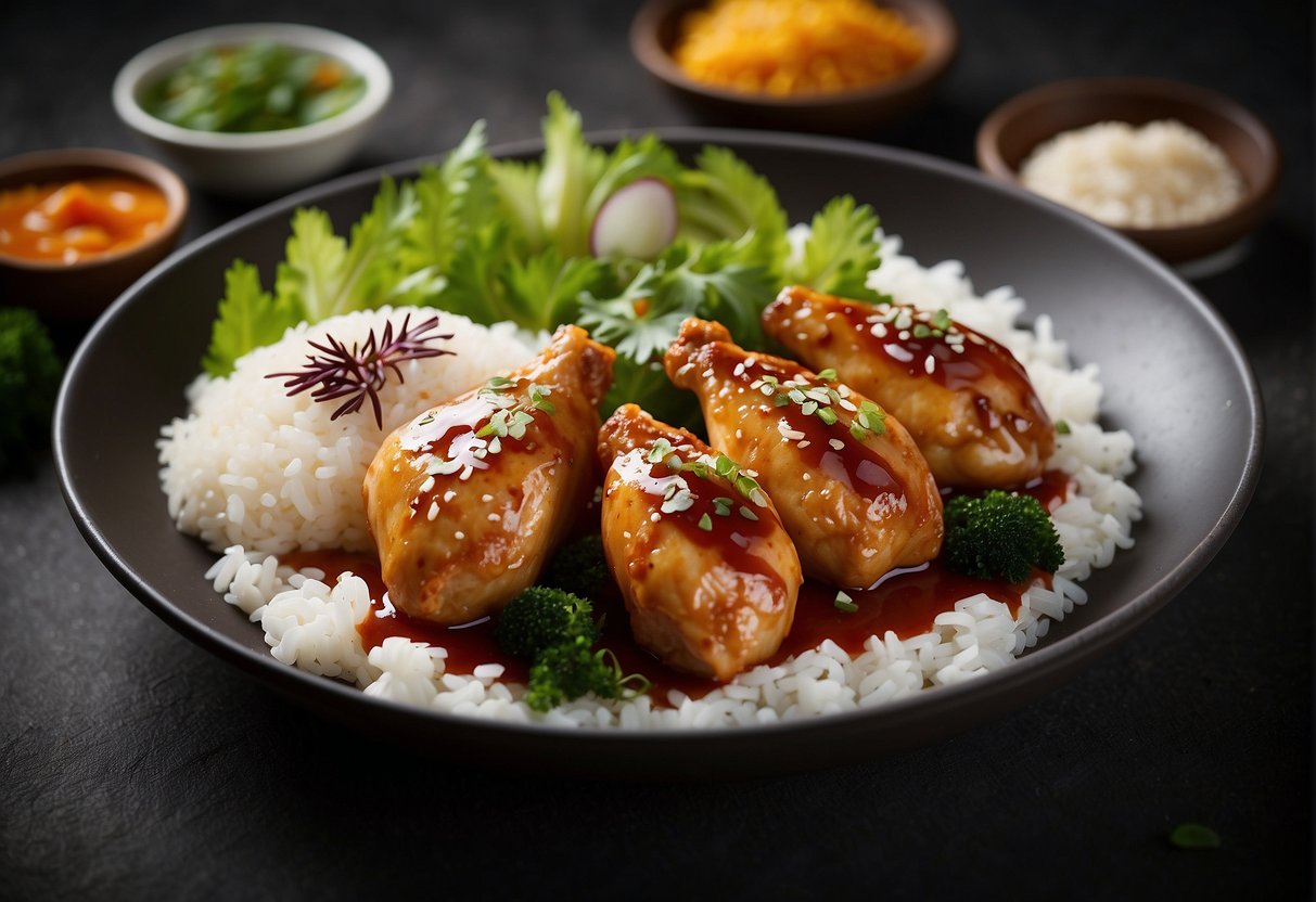 A beautifully plated Chinese-style chicken dish with garnishes and accompanying sauces