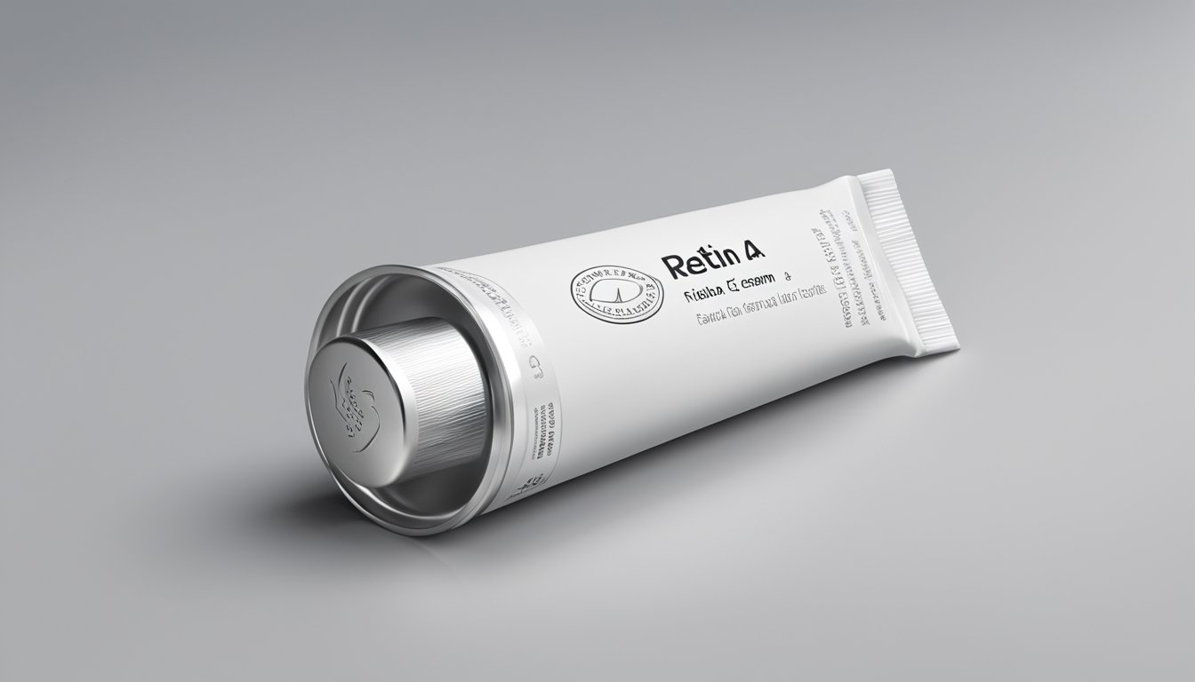 A tube of Retin-A cream sits on a clean, white surface. The packaging is simple, with clear labeling and a small, silver cap. The cream inside is smooth and white, waiting to be applied