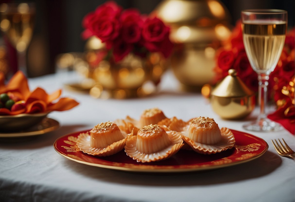 A table adorned with colorful scallop dishes for Chinese New Year. Red and gold decorations add a festive touch