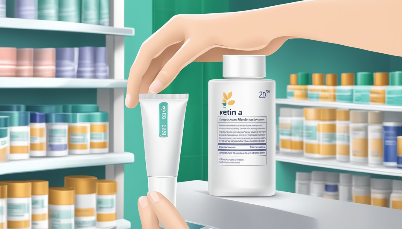 A hand reaches for a tube of Retin-A cream on a pharmacy shelf. The cream is then applied to smooth skin