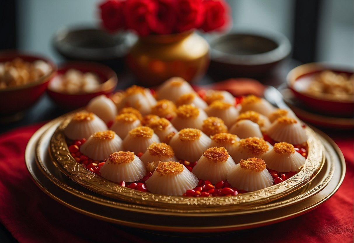 A table adorned with red and gold decorations, filled with steaming scallop dishes, symbolizing prosperity and good fortune for Chinese New Year