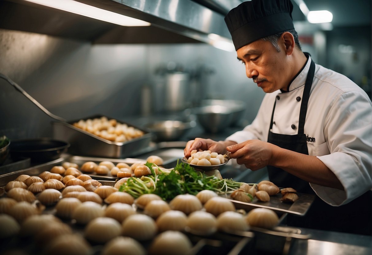 A chef carefully selects fresh scallops for Chinese New Year dishes