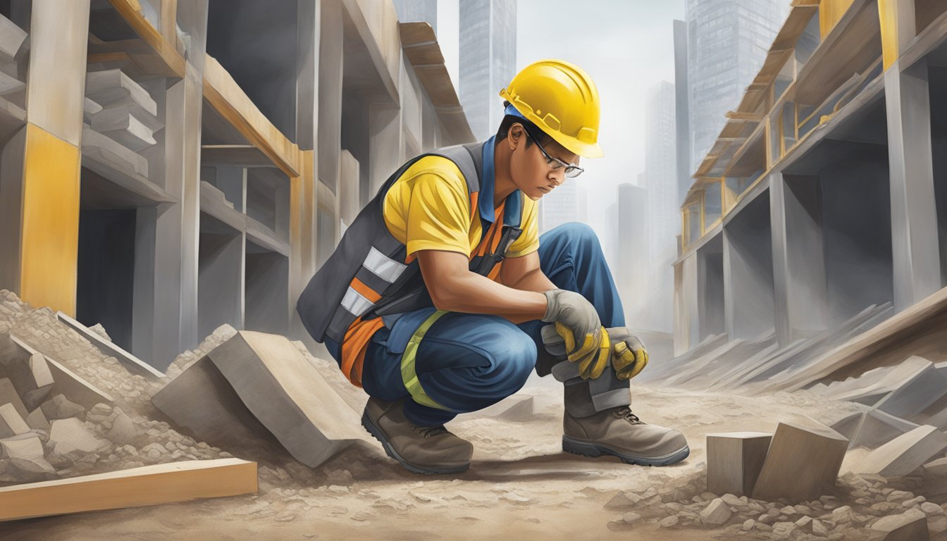 A worker in a construction site wearing safety shoes purchased from a store in Singapore